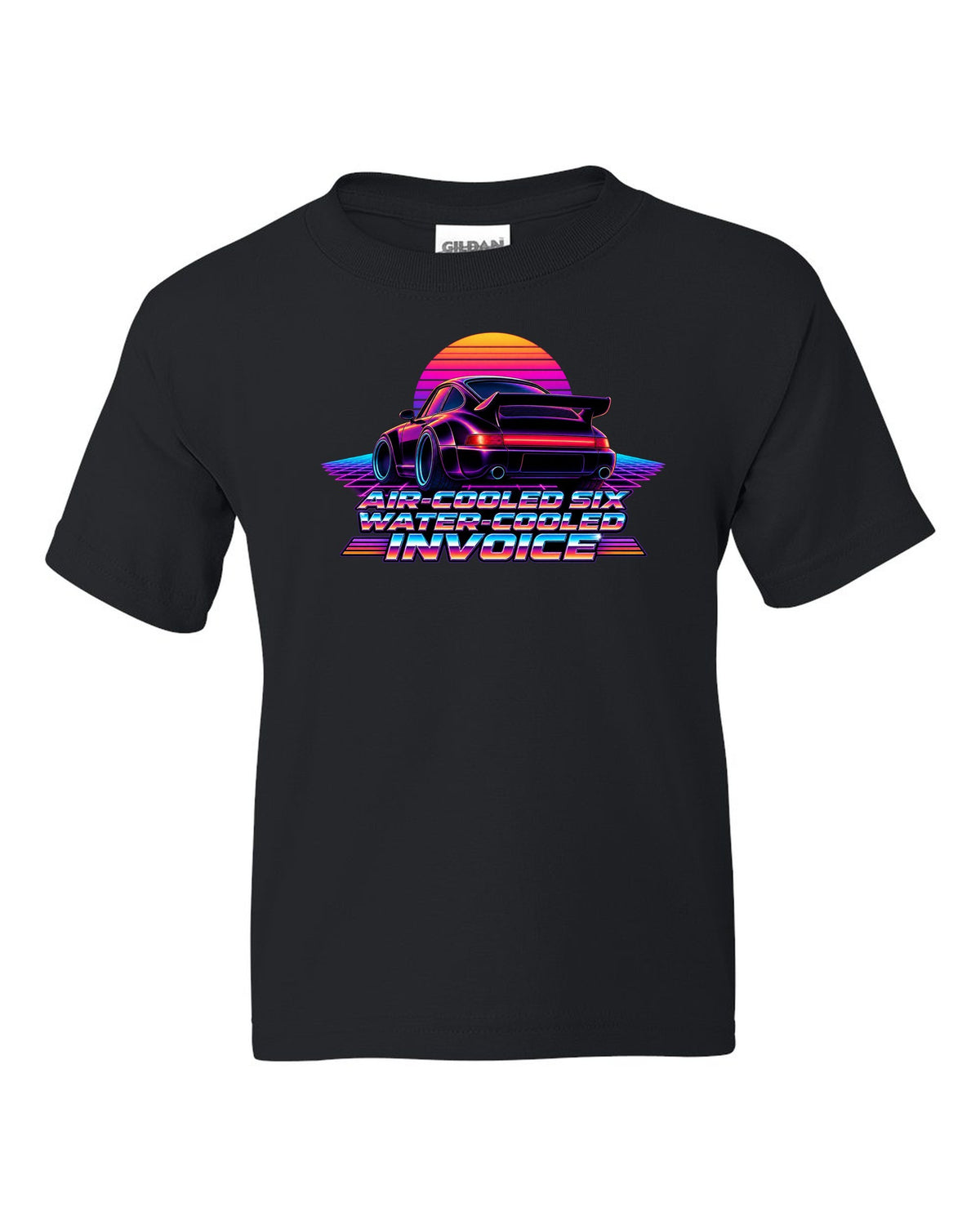 Synthwave gradient print of a Porsche 911 Turbo 964 with air-cooled six water-cooled invoice lettering black kids tee front view with the design