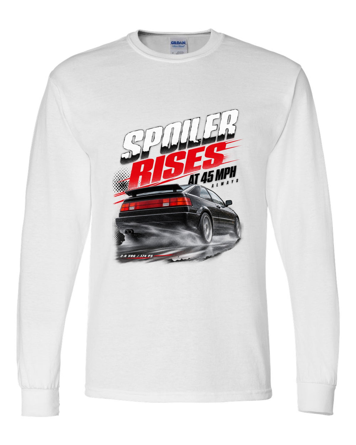 Race poster print of a VW Corrado VR6 rear three-quarter with spoiler rises at 45 mph text white long sleeve front view with the design
