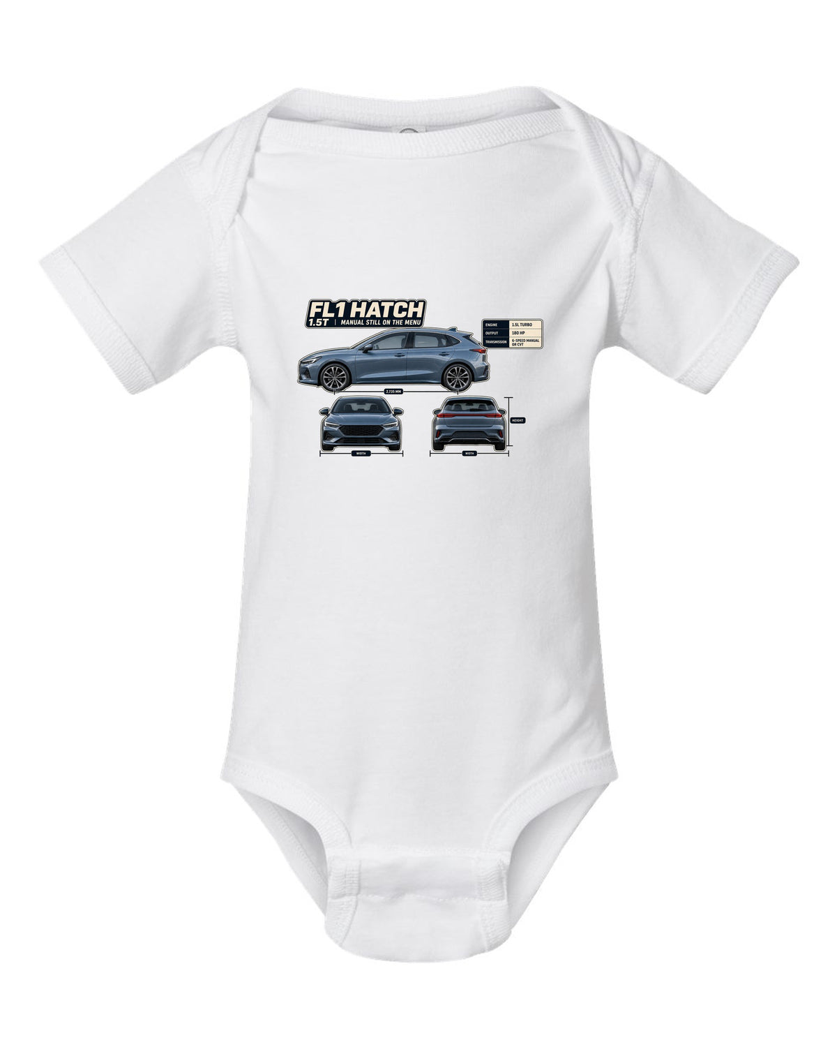 Honda Civic chback FL1 three-view spec table print white baby onesie front view with the design