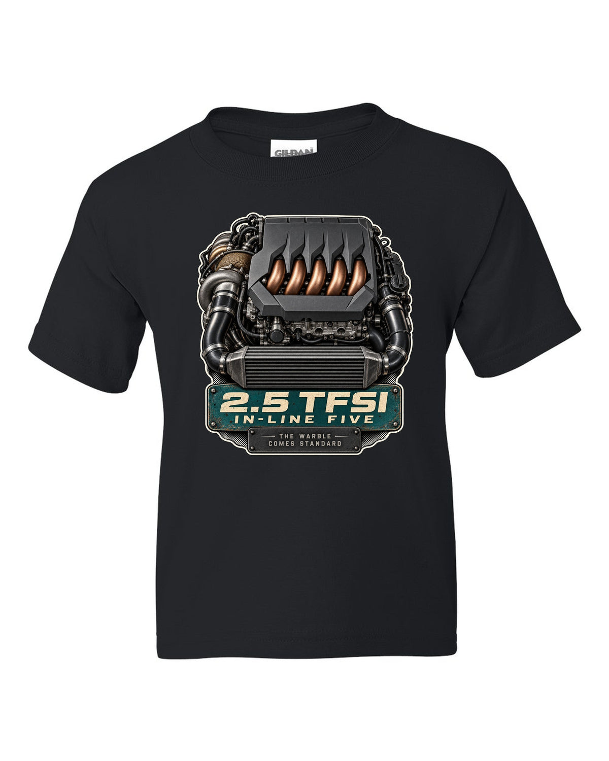 Engine bay print of the Audi RS3 8Y 2.5 TFSI in-line five black kids tee front view with the design