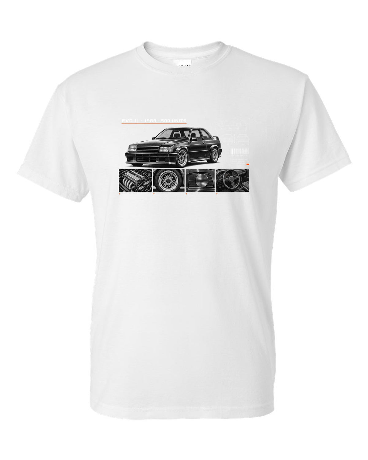 BMW E30 M3 Evo II 1988 dossier panel print with 500 units text white t-shirt front view with the design