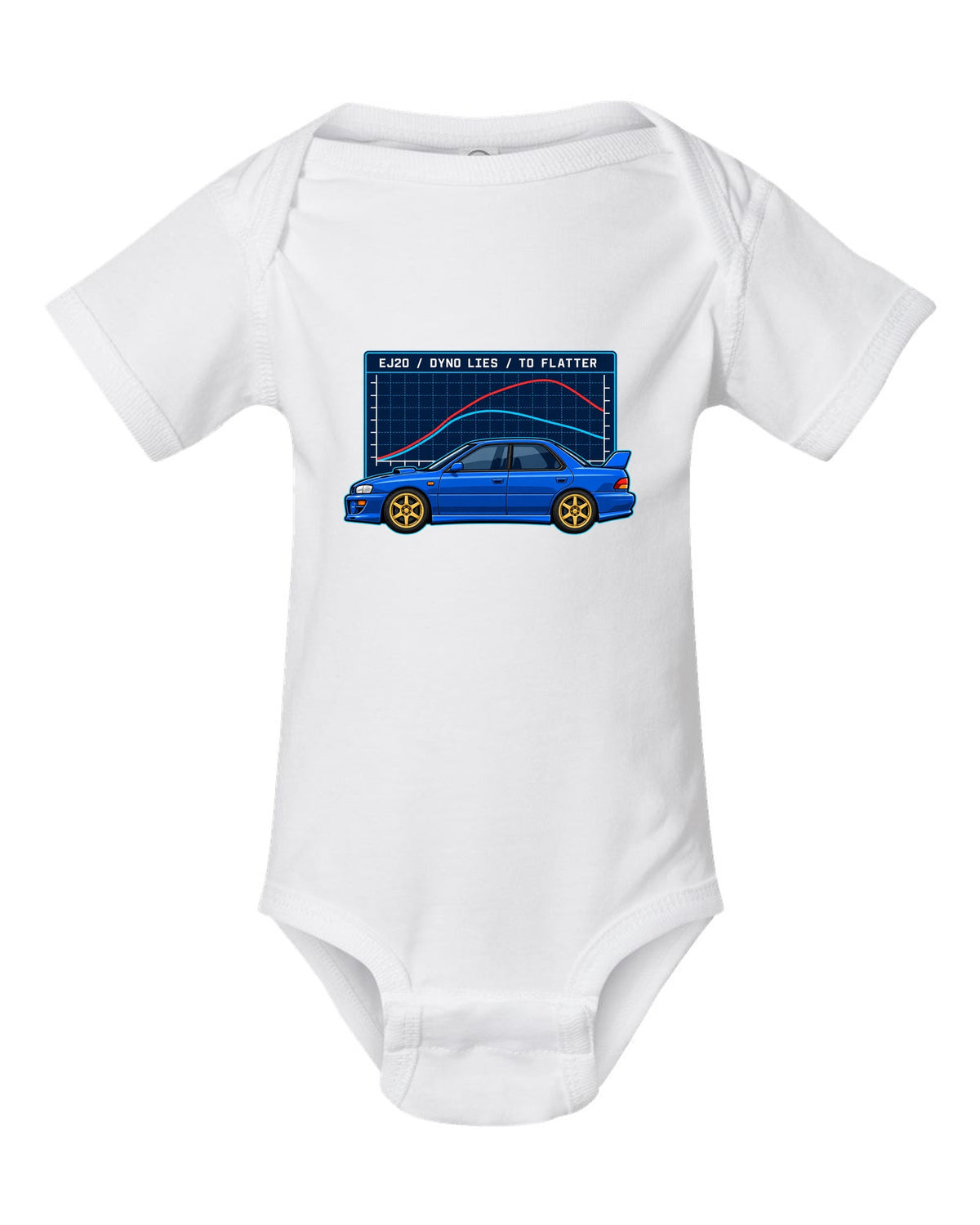 Vintage gauge face illustration pinned at 1.0 bar for a Subaru Impreza 22B STI white baby onesie front view with the design