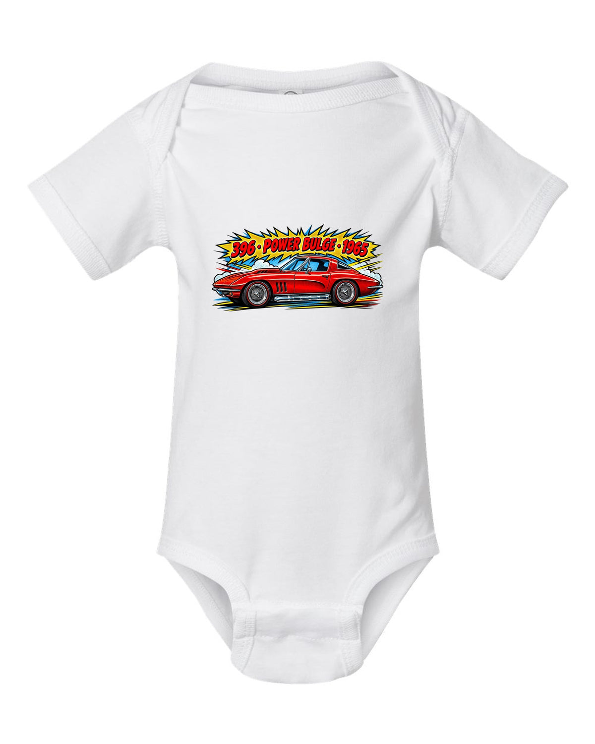 1965 Corvette C2 Sting Ray Side Pipe Comic white baby onesie front view with the design