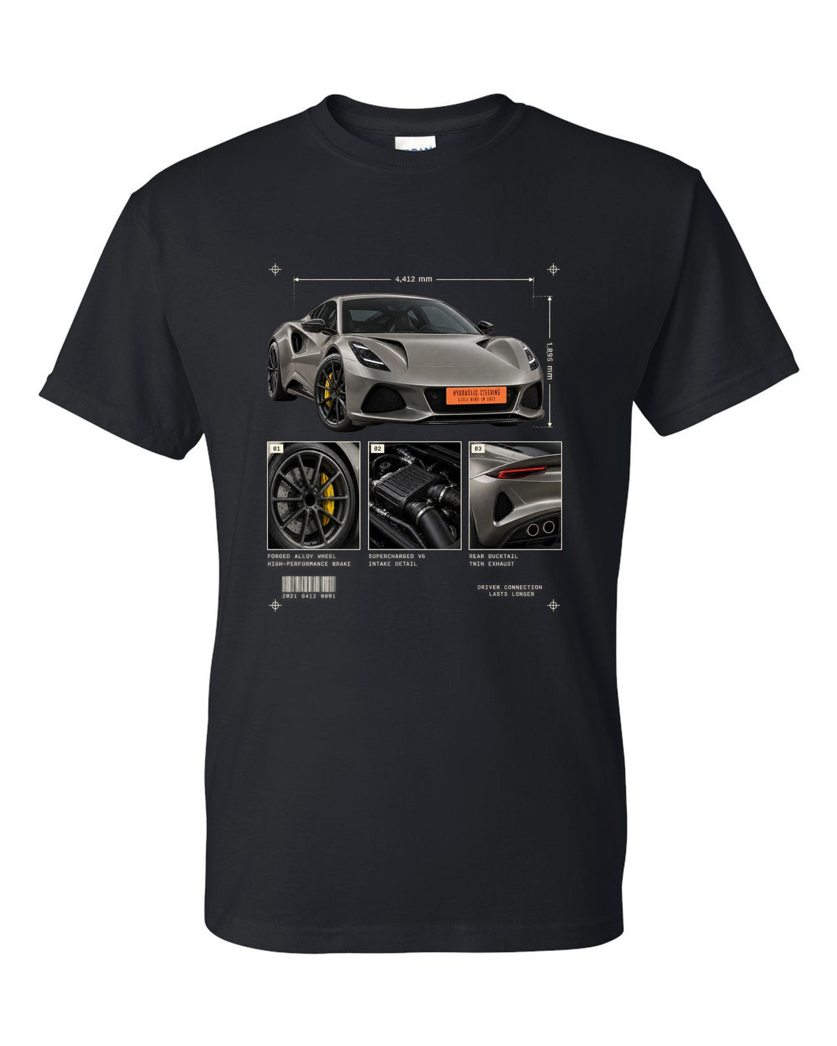 Lotus Emira V6 2021 hero view with three detail panels print with hydraulic steering text black t-shirt front view with the design