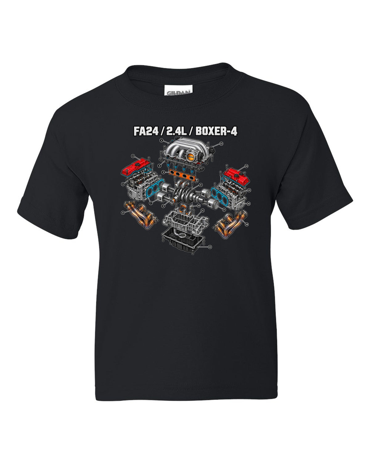 Cutaway exploded diagram of the FA24 2.4L boxer-four engine for a Toyota GR86 ZN8 black kids tee front view with the design