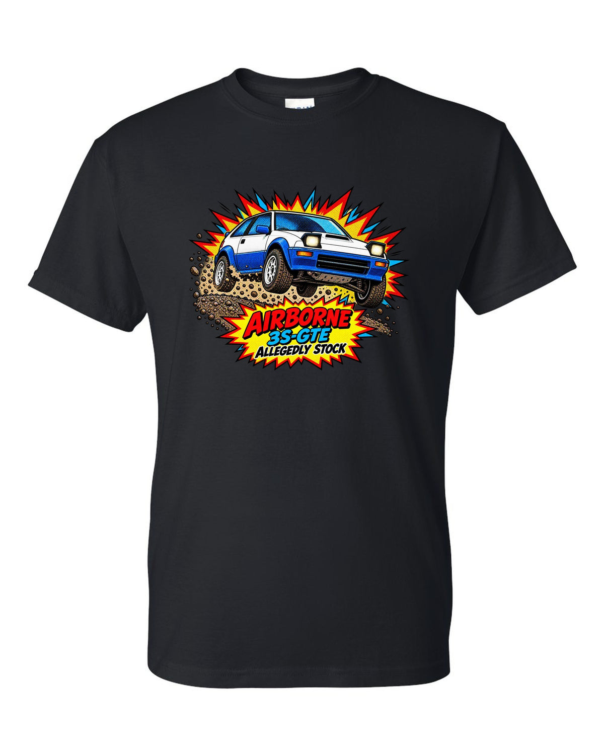 Comic halftone pop art of a Toyota Celica GT-Four ST165 jumping on gravel black t-shirt front view with the design
