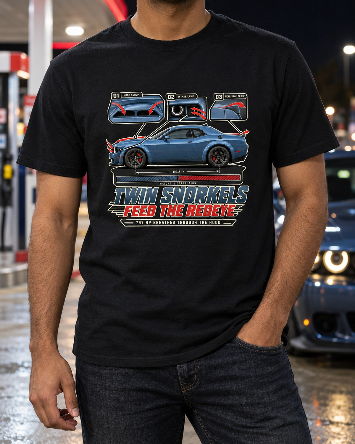 Challenger Hellcat Redeye Widebody Twin Snorkel Callout Tee T-Shirt Black worn hero