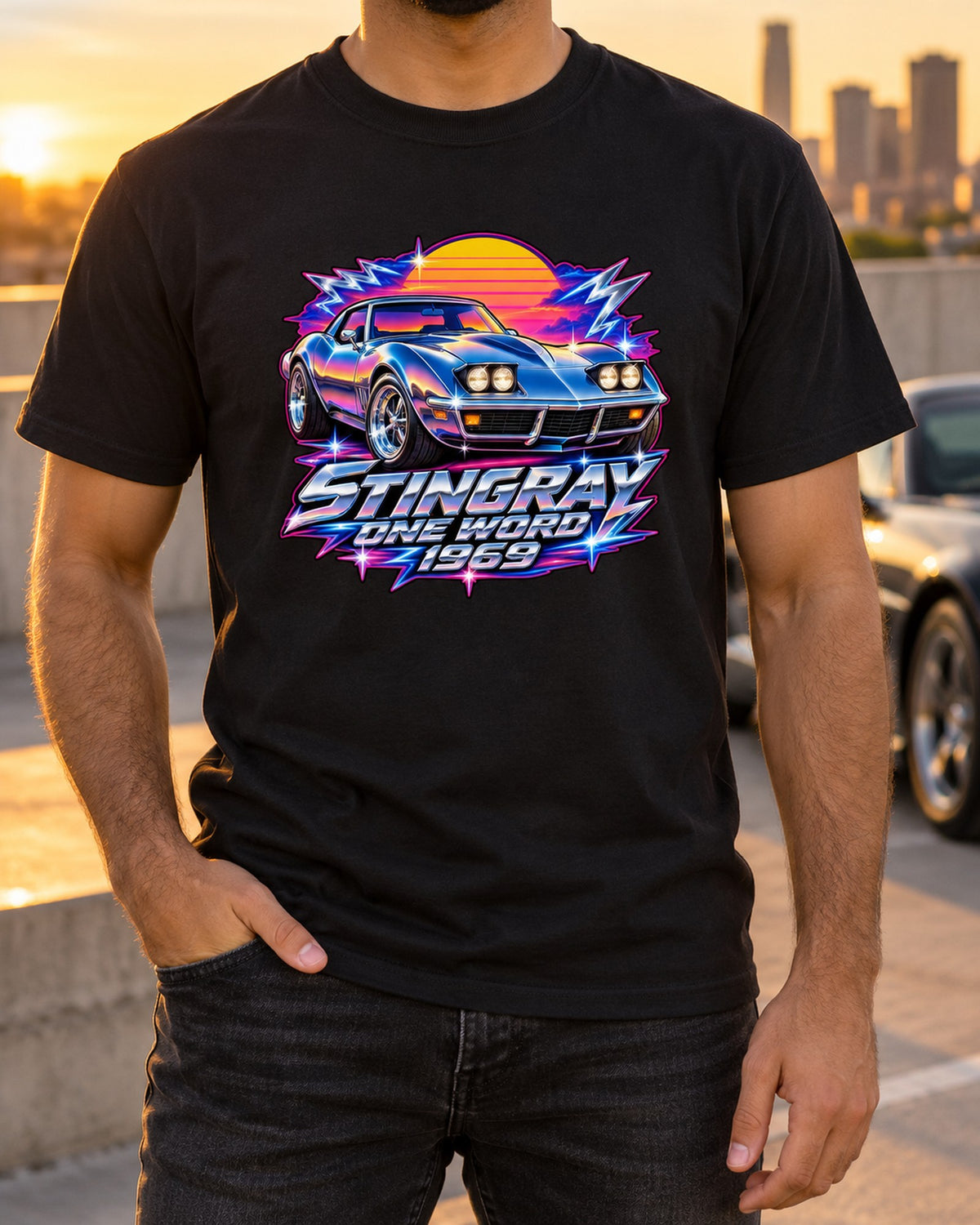 1969 Corvette C3 Stingray Chrome Airbrush Shirt, One Word T-Shirt Black worn hero