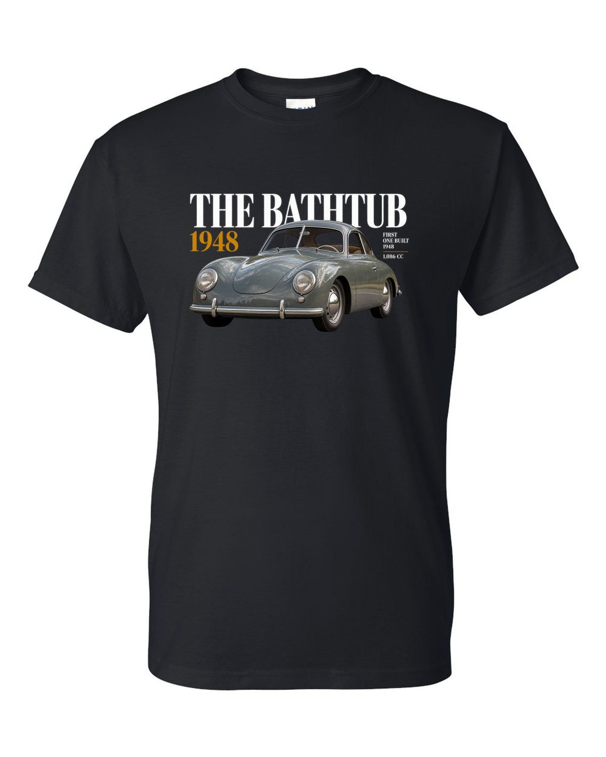 Editorial headline print of the 1948 Porsche 356 Pre-A coupe nicknamed the Bathtub black t-shirt front view with the design