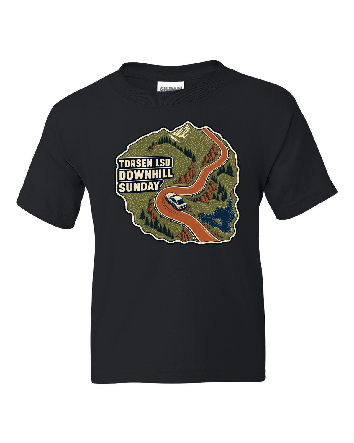 Topographic route map print for a Hyundai Genesis Coupe BK2 with Torsen LSD downhill Sunday text black kids tee front view with the design