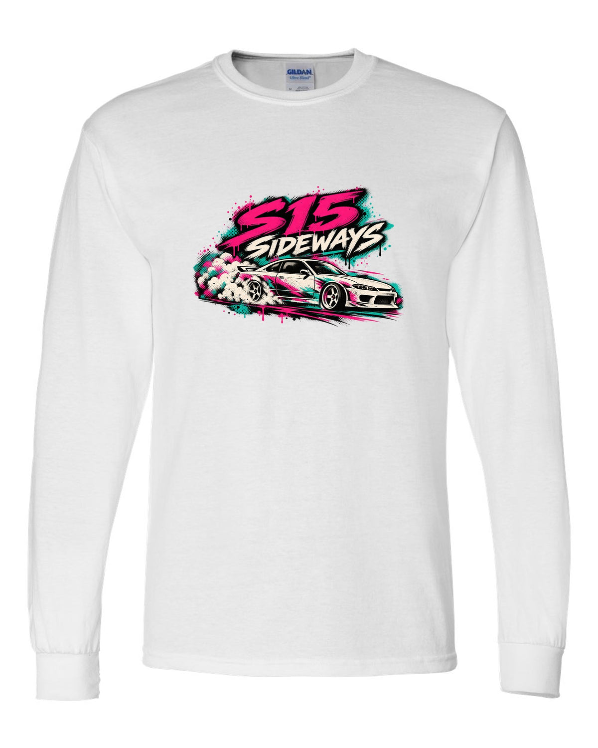 Stencil spray street art print of a Nissan Silvia S15 sliding sideways white long sleeve front view with the design