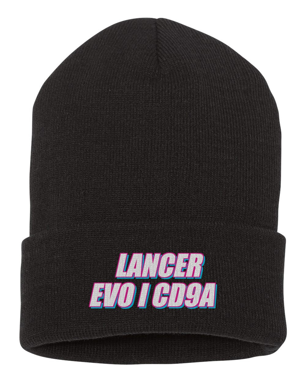 Lancer Evo I Cd9A black beanie front view with car name