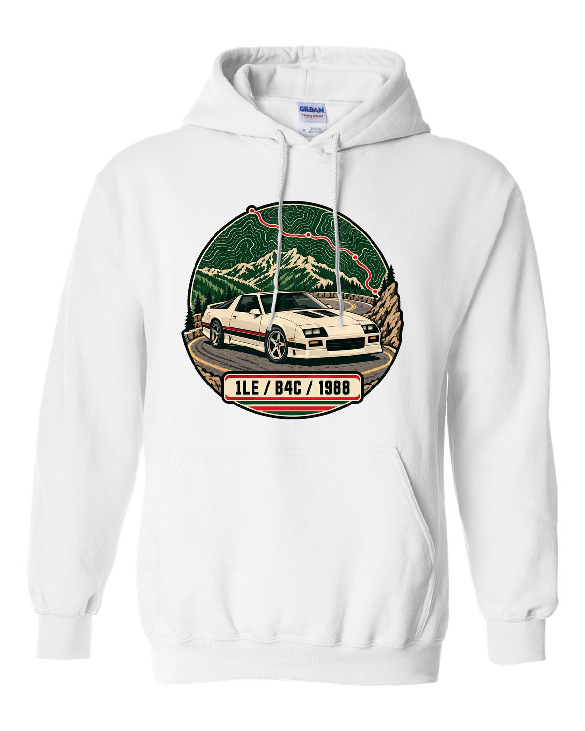 1988 Chevrolet Camaro 1LE topographic route map print with 1LE B4C 1988 text white pull over hoodie front view with the design