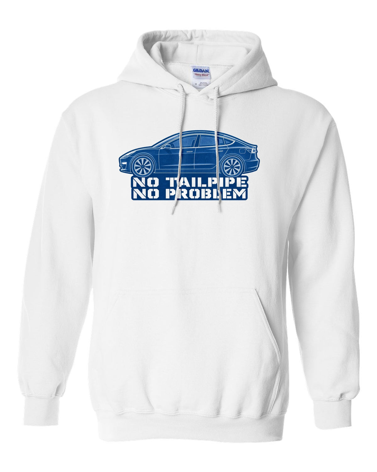 Cyanotype negative blueprint of a 2017-2023 Tesla Model 3 with the words No Tailpipe No Problem white pull over hoodie front view with the design