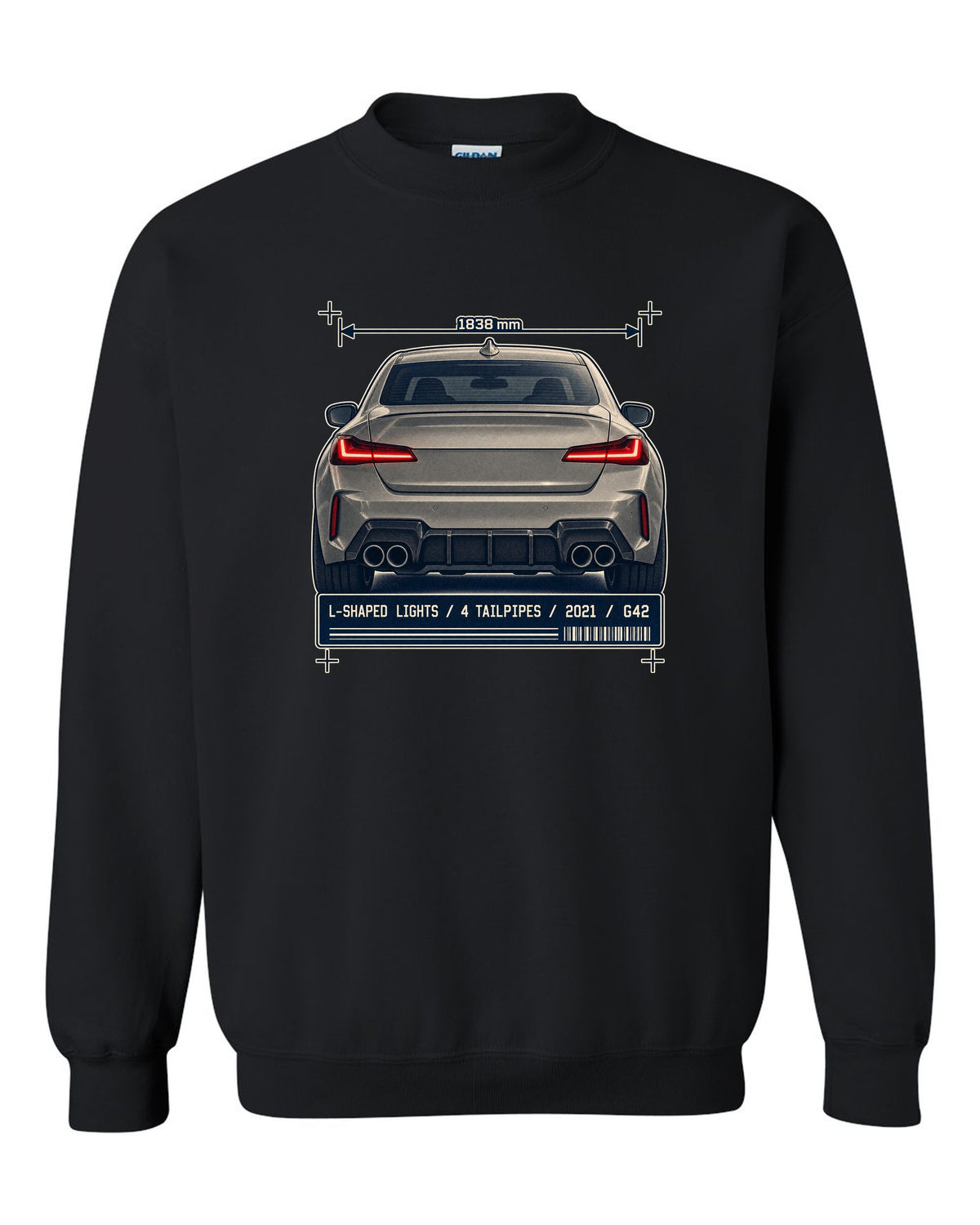 BMW M240i G42 rear taillight and tailpipe macro print black crewneck front view with the design