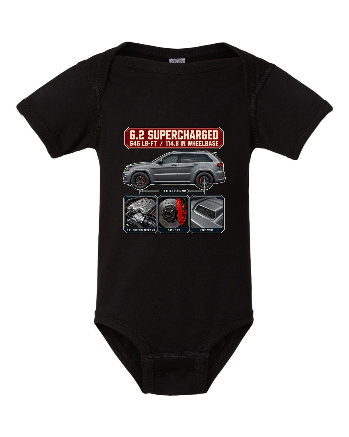 Dossier panel print of the Jeep Grand Cherokee Trackhawk WK2 with engine and torque black baby onesie front view with the design