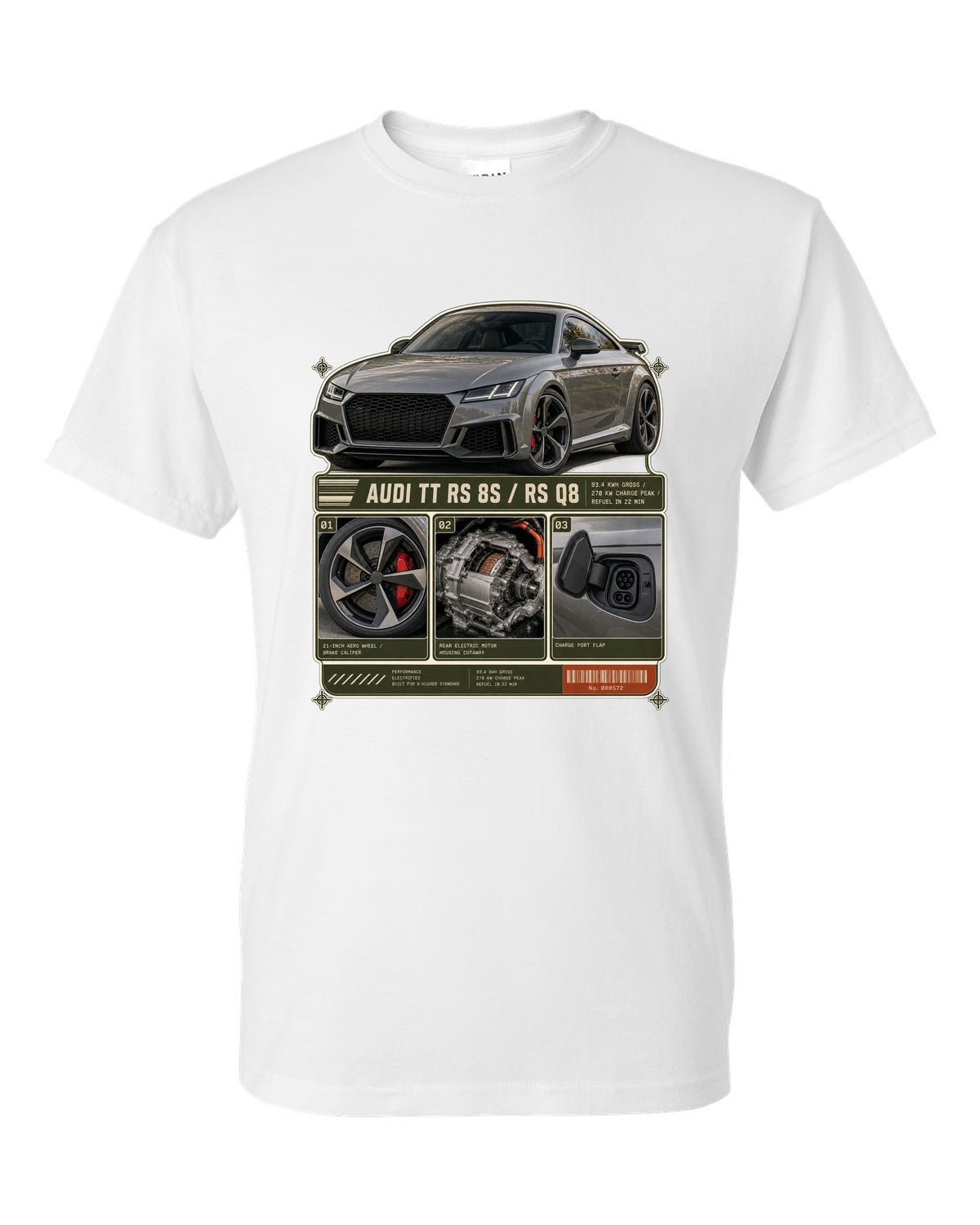 Audi RS e-tron GT dossier panels with wheel, motor and charge port print design white t-shirt front view with the design