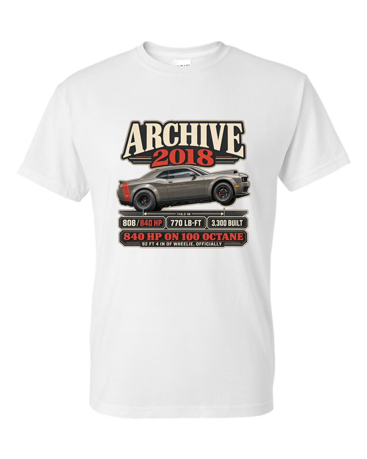 2018 Dodge Challenger SRT Demon archive panel print with 840 HP and wheelie record white t-shirt front view with the design