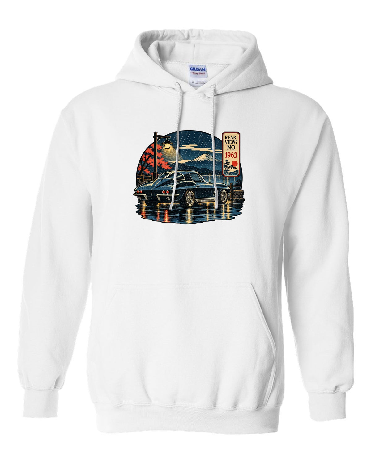 Ukiyo-e woodblock style print of a 1963 Chevrolet Corvette C2 Sting Ray coupe on a rainy night white pull over hoodie front view with the design