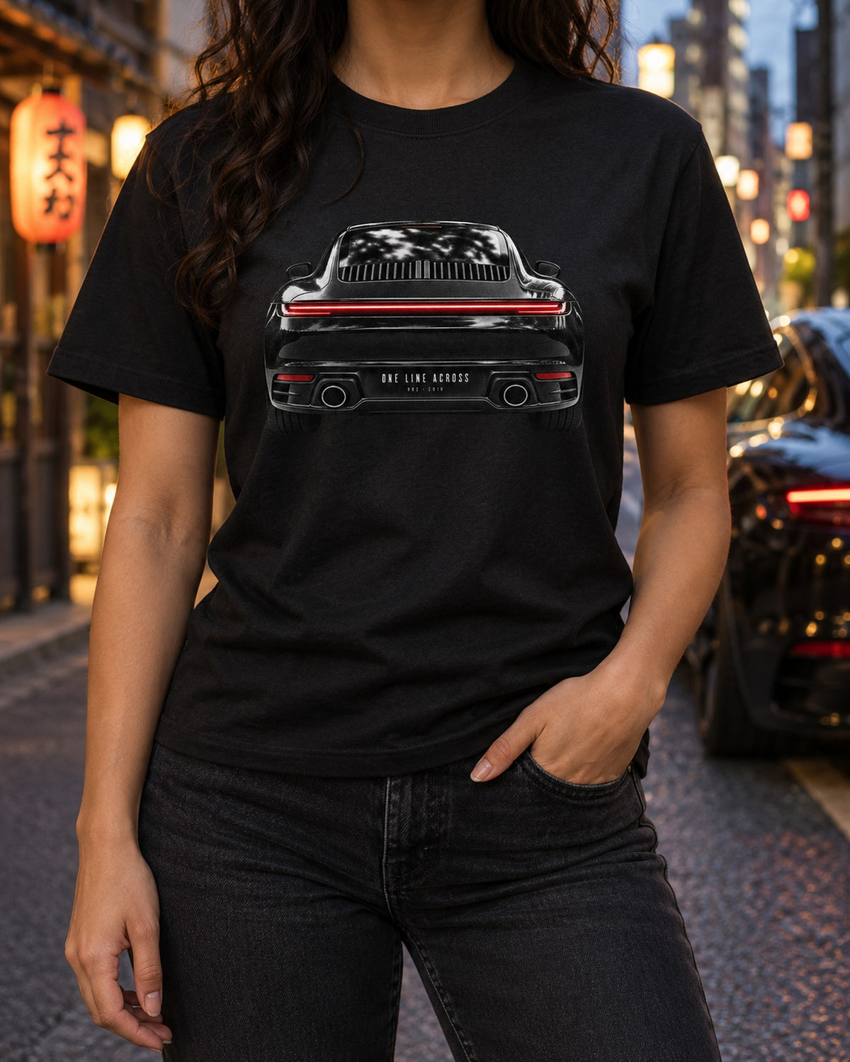Porsche 992 Carrera Taillight Macro Shirt, One Line Across T-Shirt Black worn hero