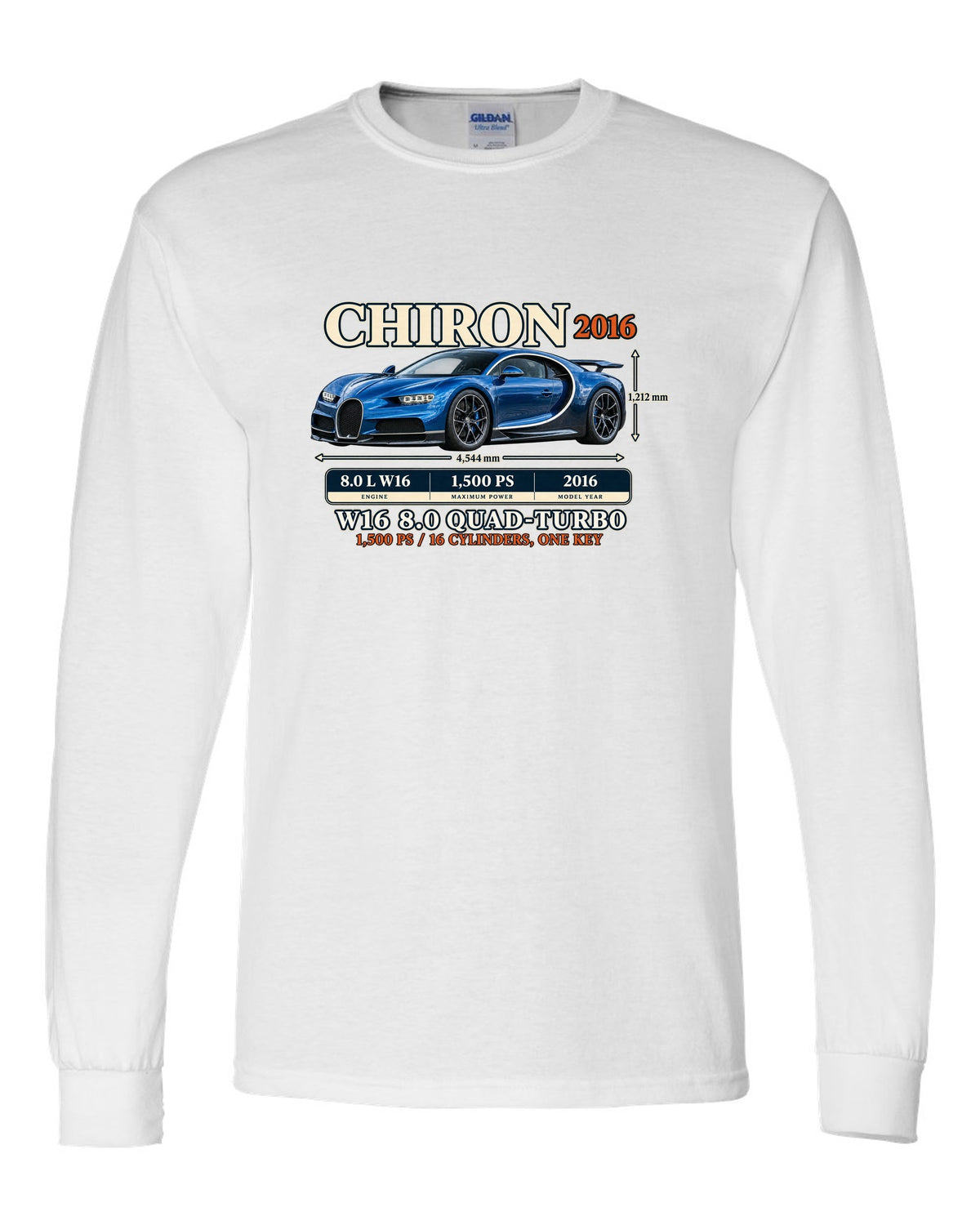 Archive panel print of a steel blue Bugatti Chiron with W16 spec text white long sleeve front view with the design