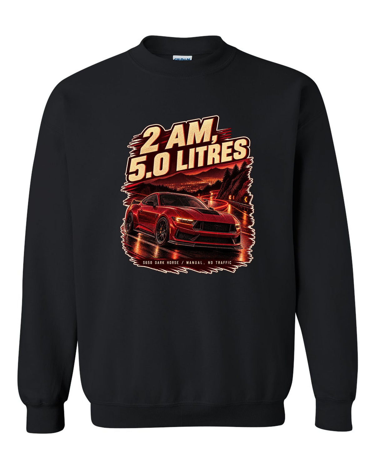 Ford Mustang S650 Dark Horse on an empty night street print black crewneck front view with the design