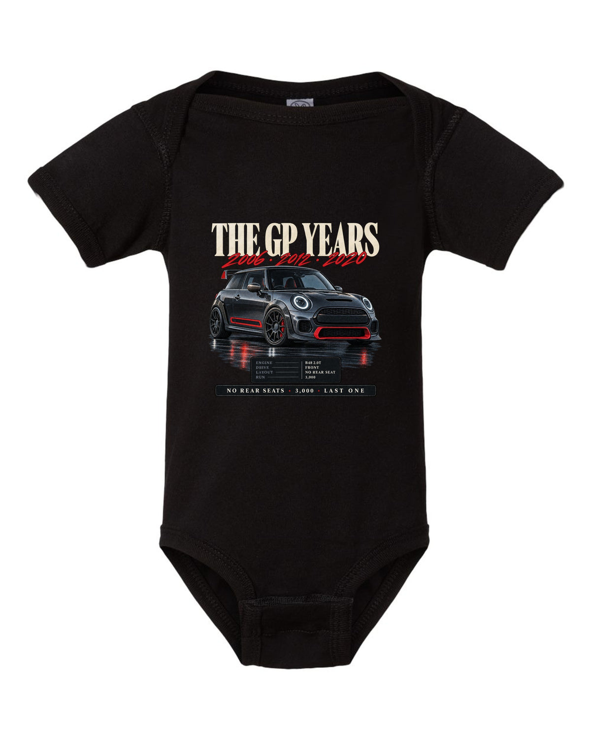 Archive panel print of a Mini Cooper JCW GP F56 with the years 2006, 2012 and 2020 black baby onesie front view with the design