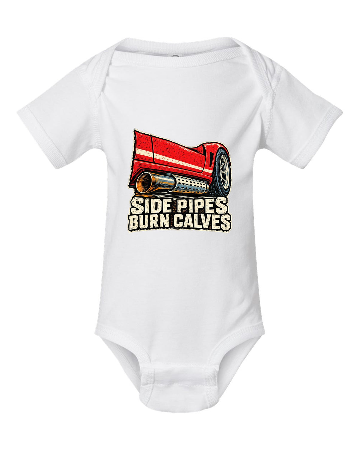 Dodge Viper RT/10 Side Pipe Linocut white baby onesie front view with the design