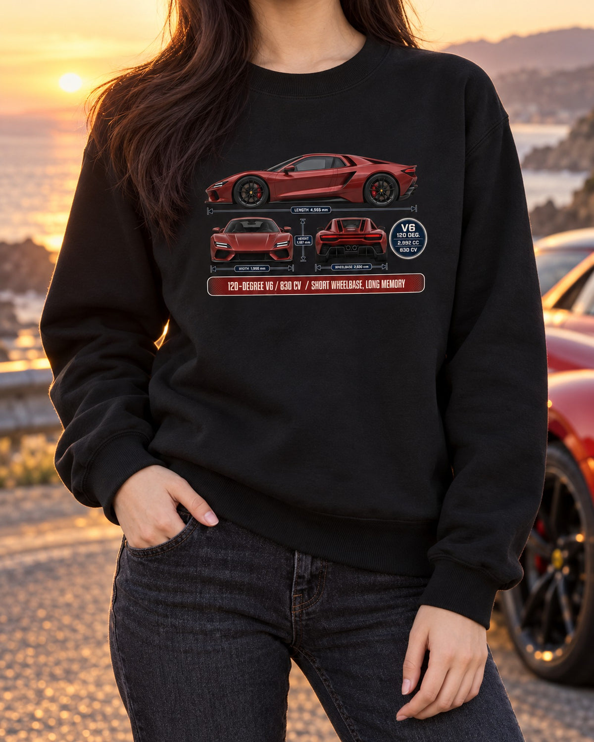 Ferrari 296 GTB Three-View Spec Table Tee, V6 Car Guy Shirt Crewneck Black worn hero