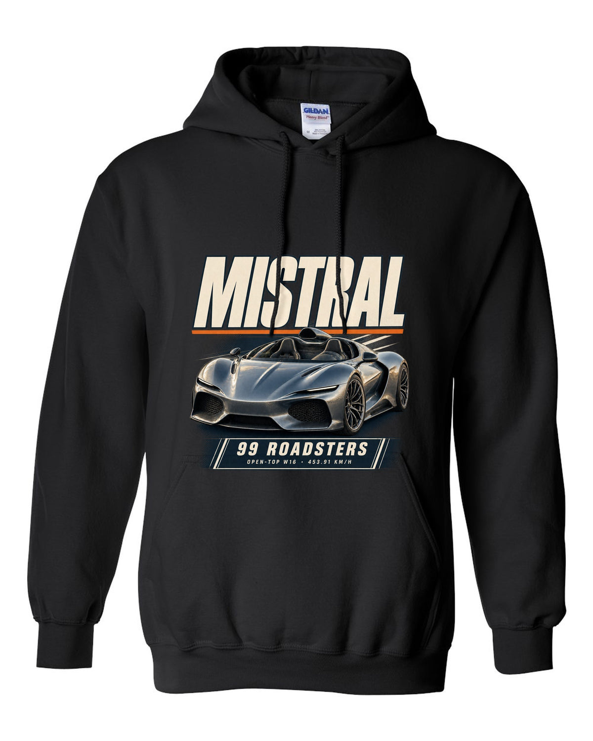 Editorial headline poster of the Bugatti Mistral open-top roadster, print black pull over hoodie front view with the design