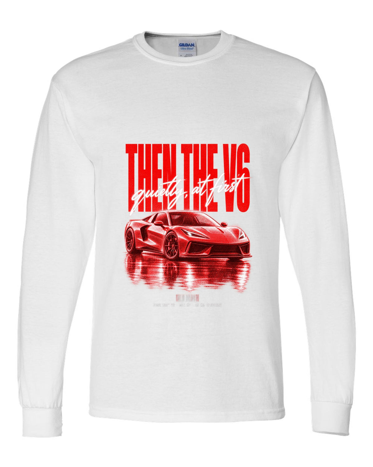 Ferrari 296 GTB 2022 street poster print, F163 120 degree V6, 654 HP, 25 km electric white long sleeve front view with the design