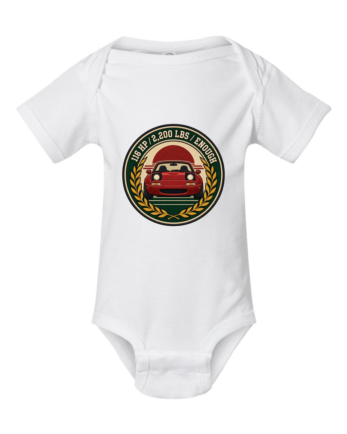 Embroidery-style varsity crest of a Mazda MX-5 NA6C with 116 HP spec text white baby onesie front view with the design