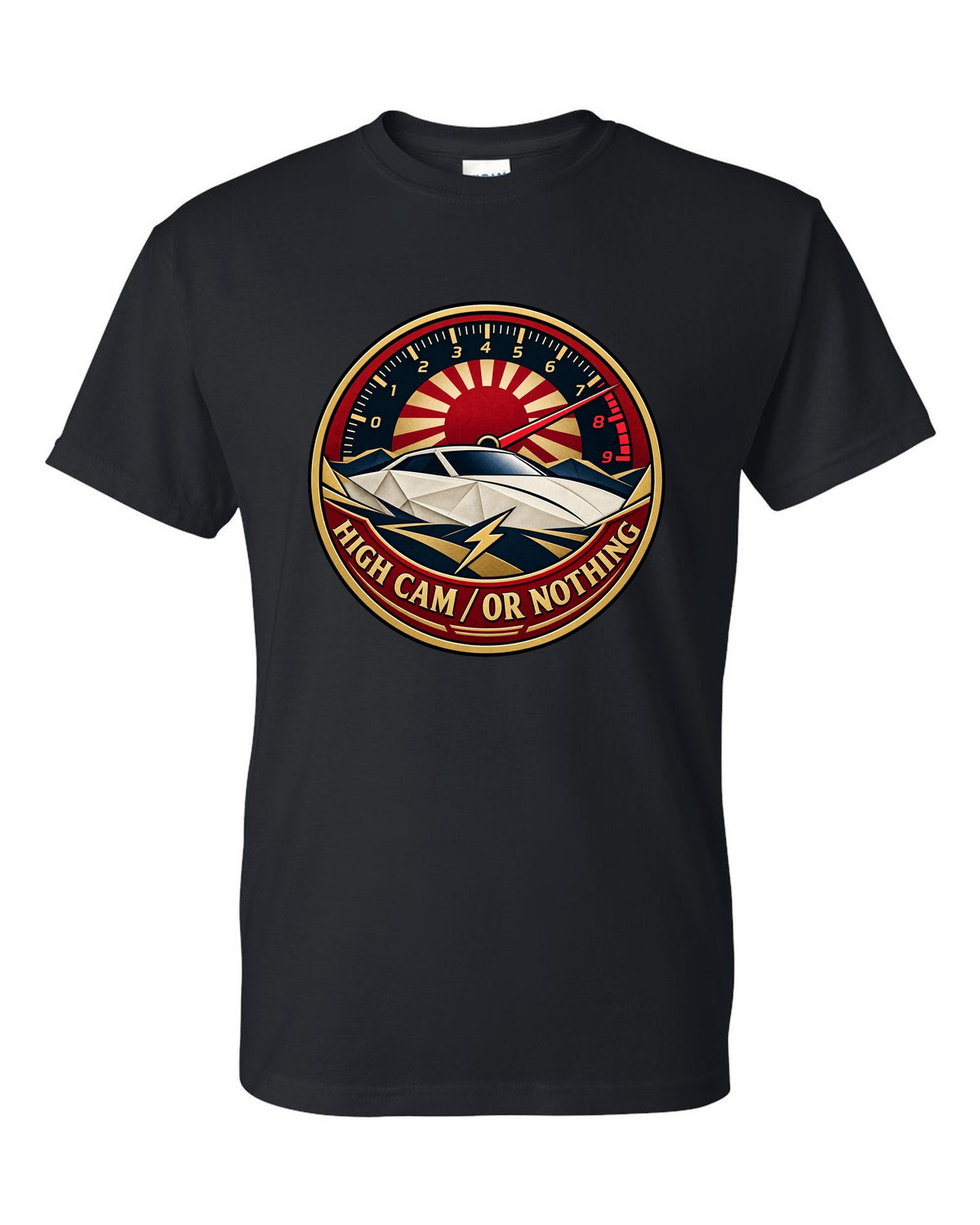 Origami-style crest of a Toyota Celica ZZT231 with the words High Cam or Nothing black t-shirt front view with the design