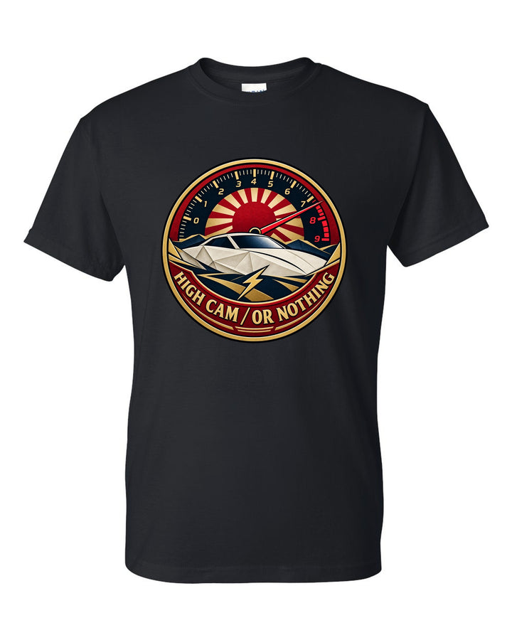 Origami-style crest of a Toyota Celica ZZT231 with the words High Cam or Nothing black t-shirt front view with the design