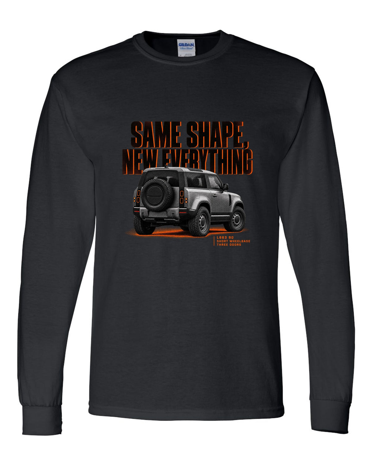 Land Rover Defender L663 90 halftone print with same shape new everything text black long sleeve front view with the design
