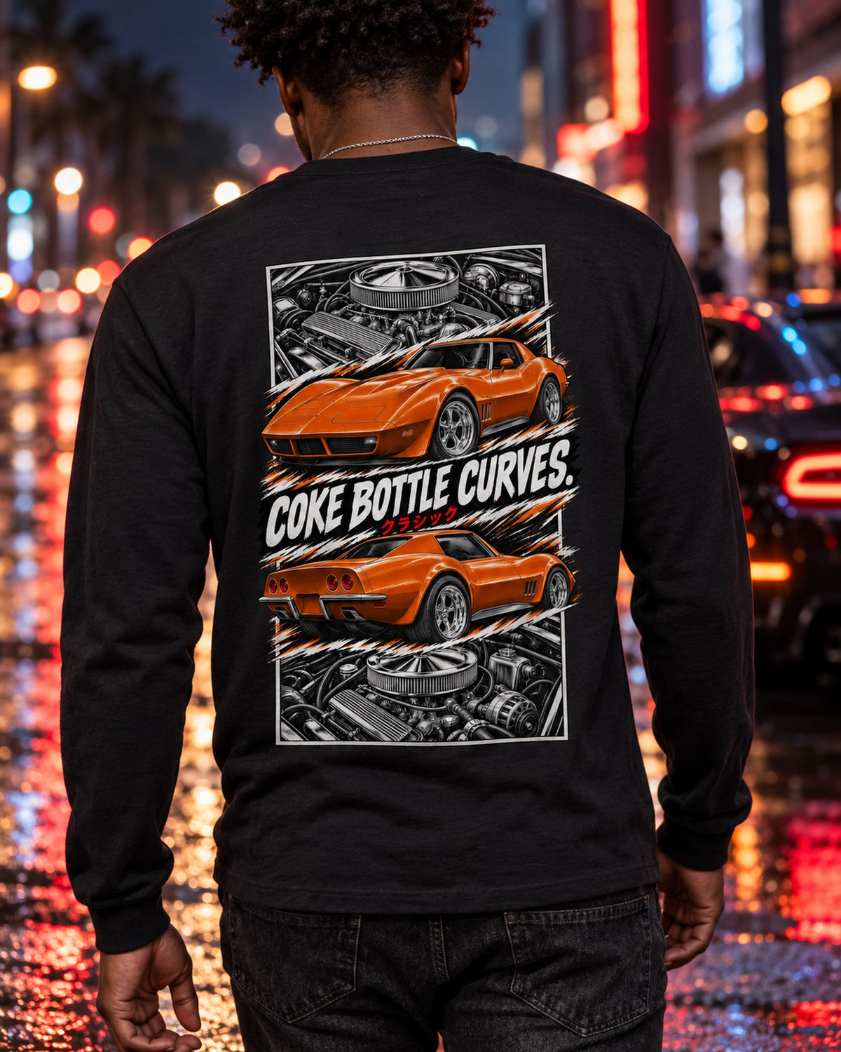 Corvette C3 Torn Poster Full-Back Graphic Tee Long Sleeve Black worn hero