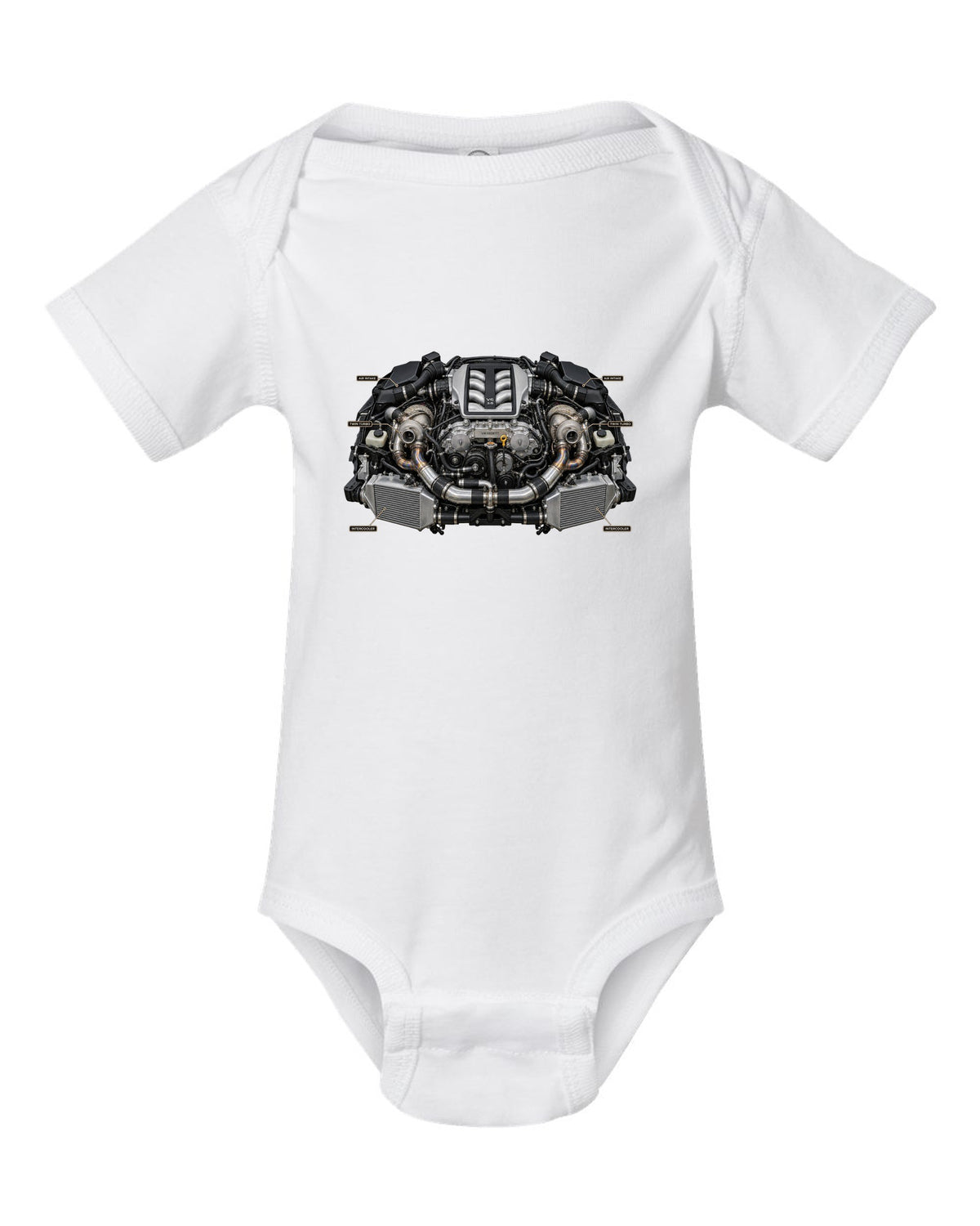 Nissan GT-R R35 Nismo three-view spec table print in graphite grey and red white baby onesie front view with the design