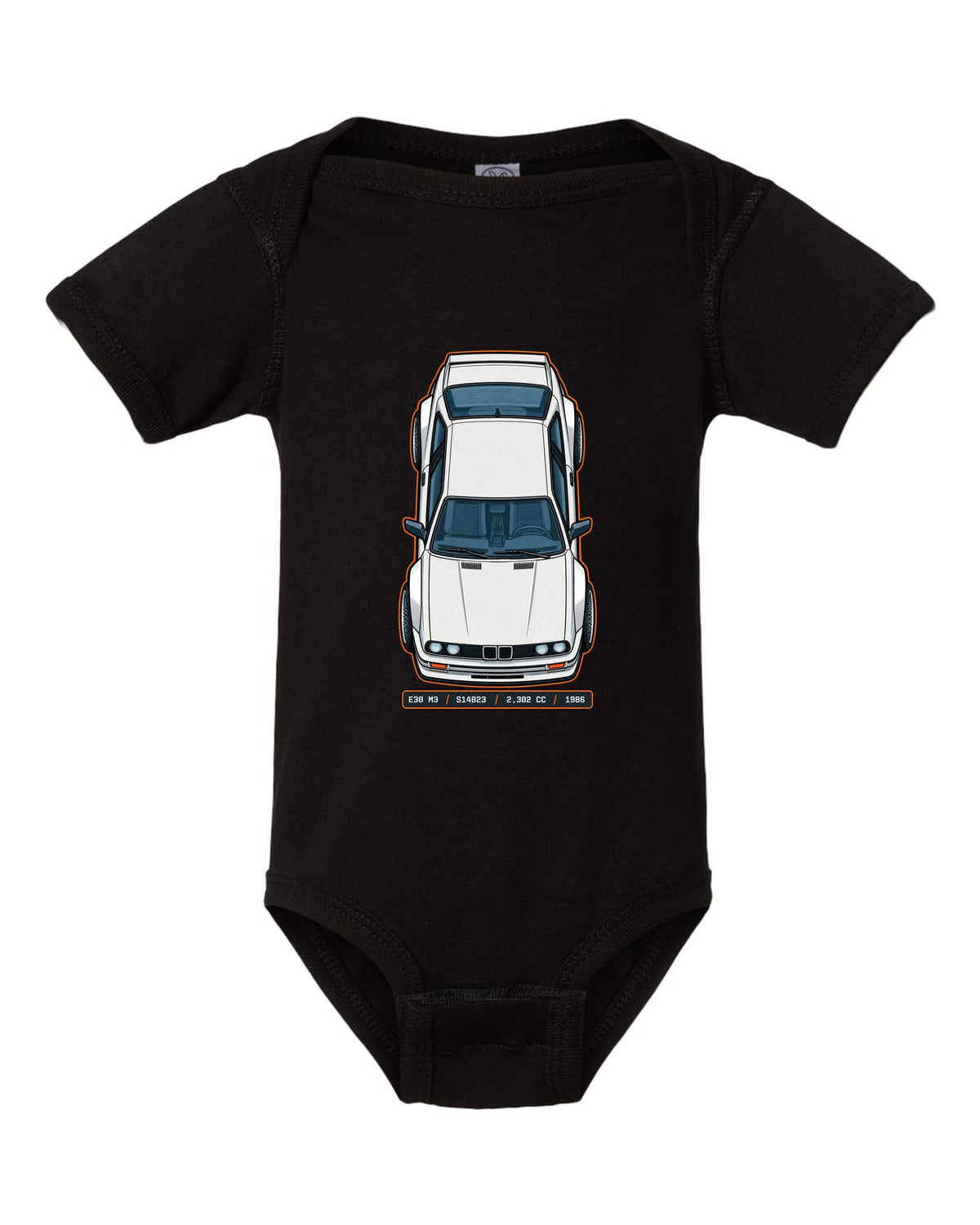 Top view spec sheet print of a BMW E30 M3 with S14B23 2,302 cc 1986 data plate text black baby onesie front view with the design