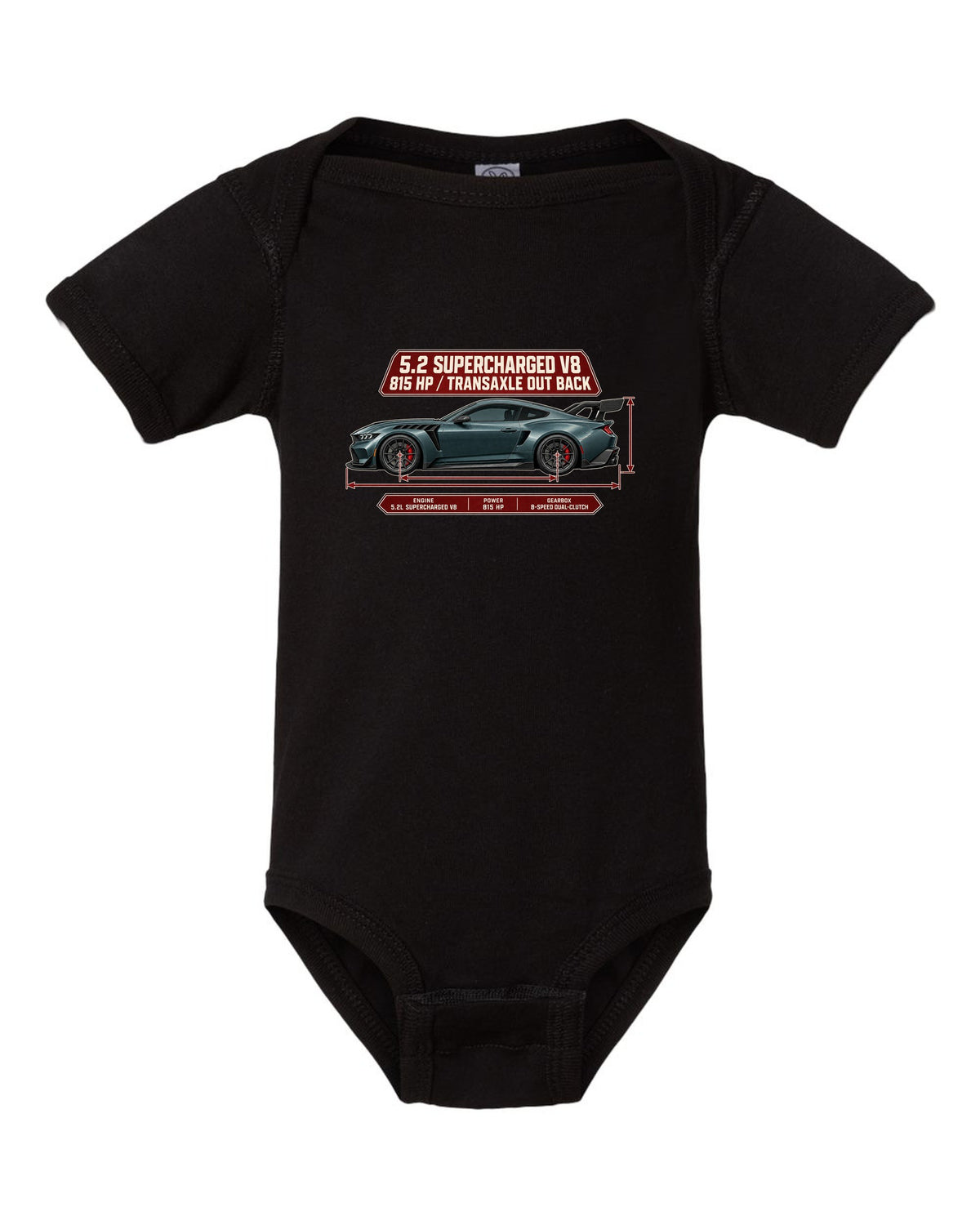 print of a Mustang GTD dimension blueprint with 5.2 supercharged V8 and 815 HP text black baby onesie front view with the design