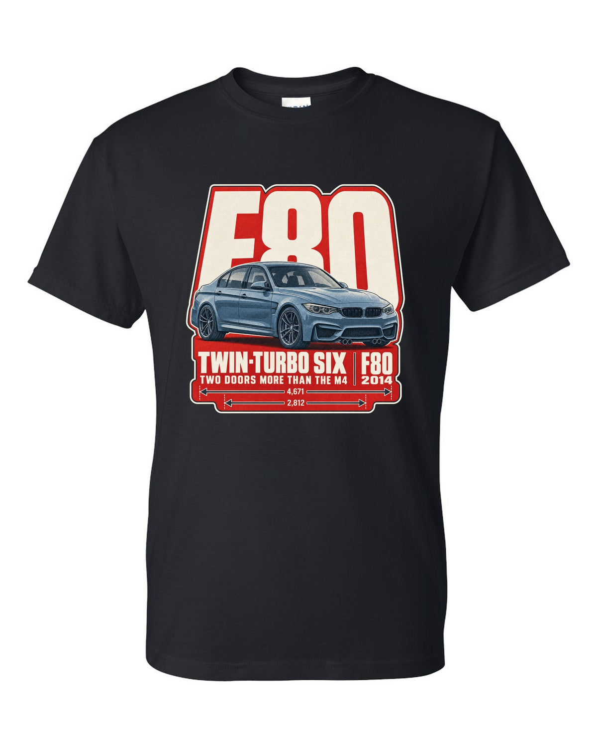 BMW M3 F80 halftone dot statement print black t-shirt front view with the design