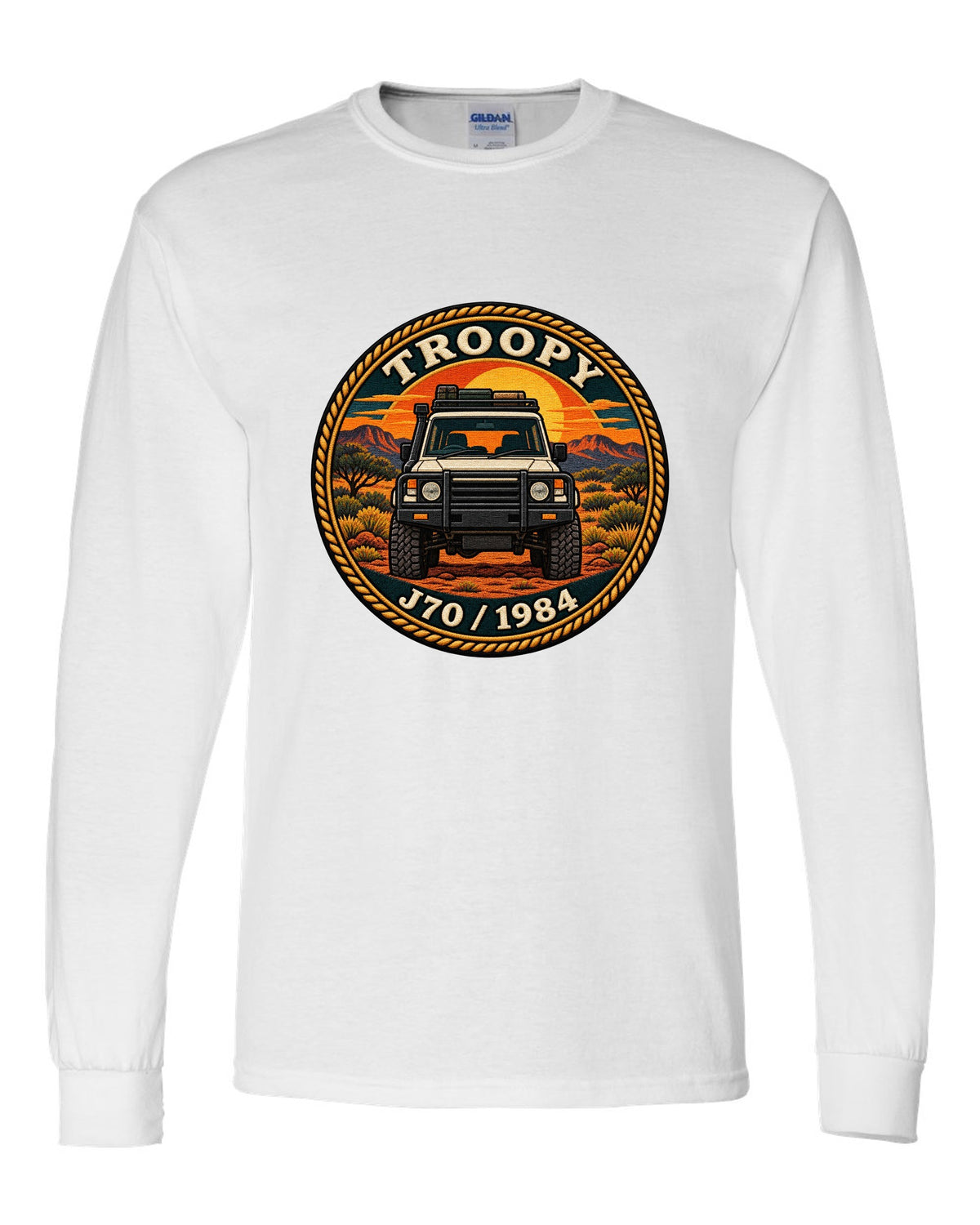 Sunset stamp patch crest of a Toyota Land Cruiser J70 troop carrier with the word Troopy white long sleeve front view with the design