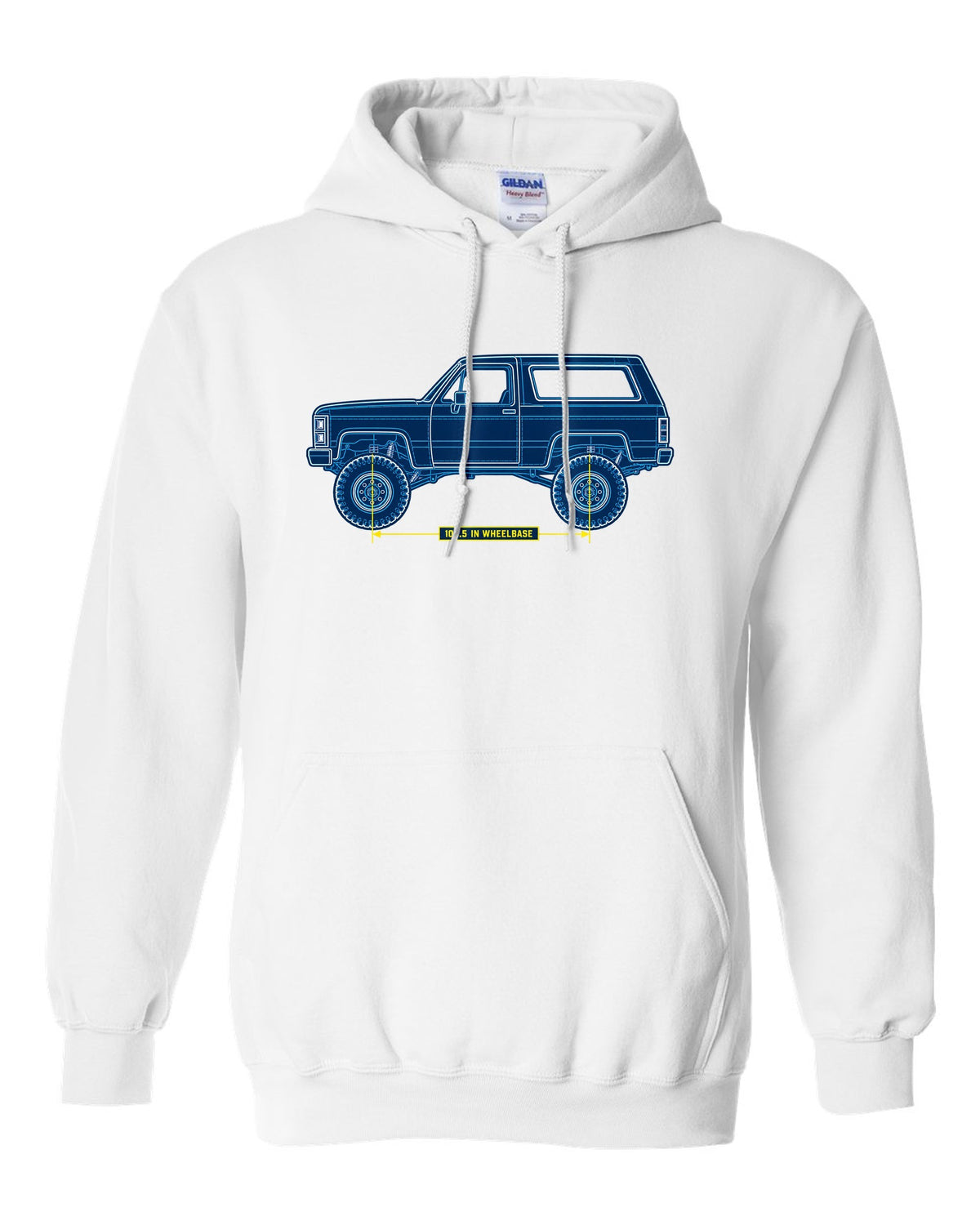 Chevrolet K5 Blazer Blueprint Side View white pull over hoodie front view with the design