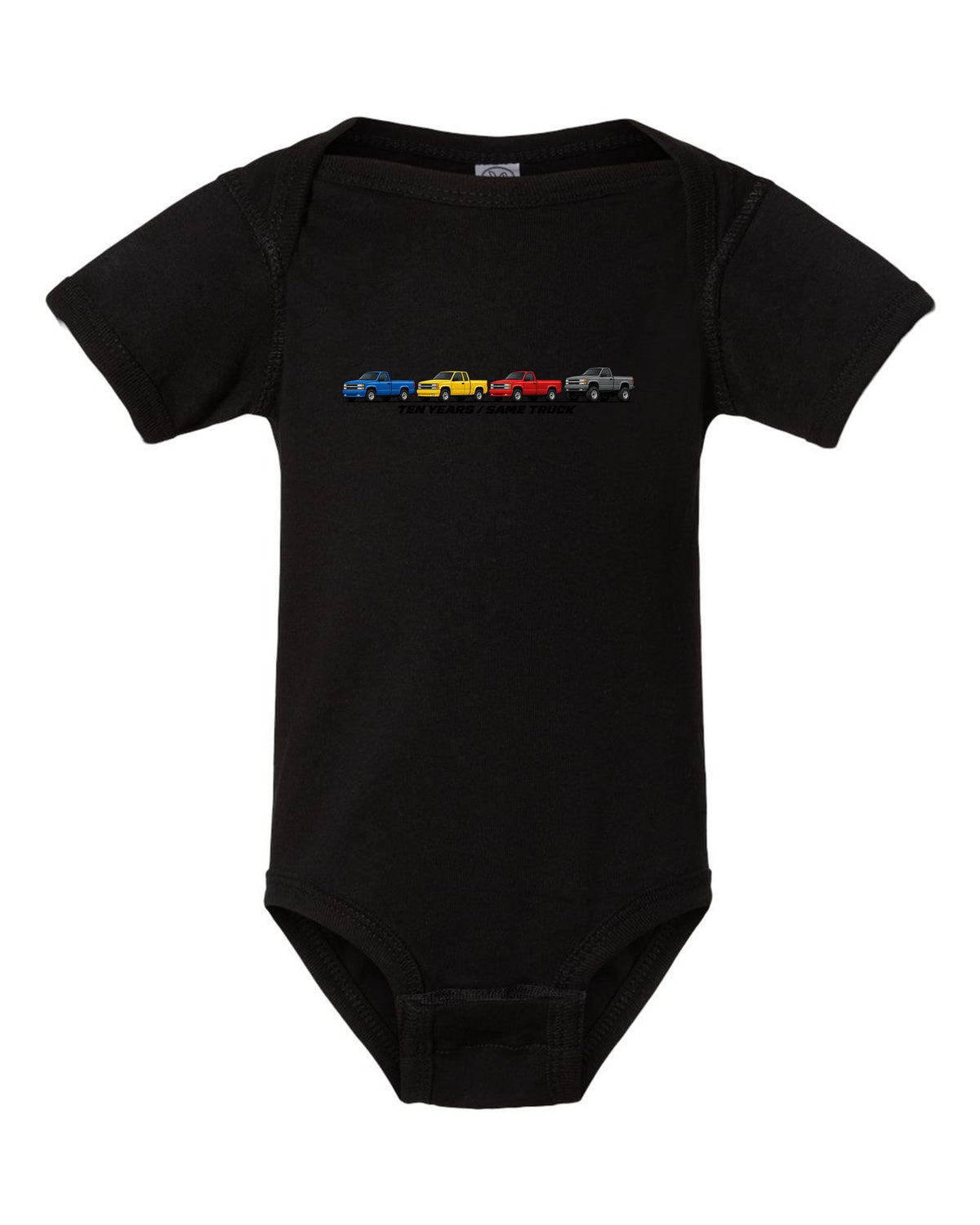 Generation lineup print of 1988-98 Chevrolet GMT400 C1500 K1500 OBS trucks with ten years same truck lettering black baby onesie front view with the design