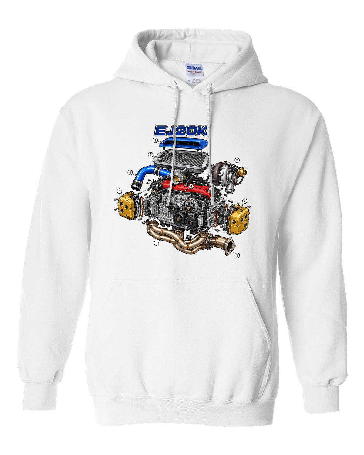 Subaru Impreza WRX GC8 EJ20K boxer engine in an exploded cutaway diagram white pull over hoodie front view with the design