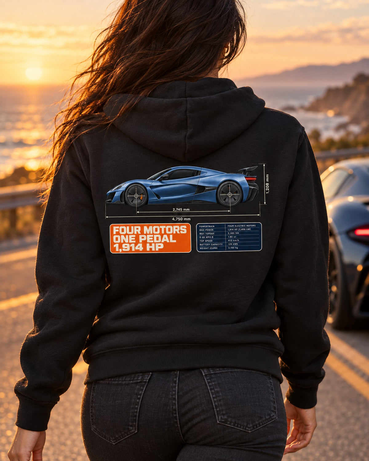 Rimac Nevera Dimension Blueprint Shirt, 1,914 HP Electric Hypercar Zip Hoodie Black worn hero