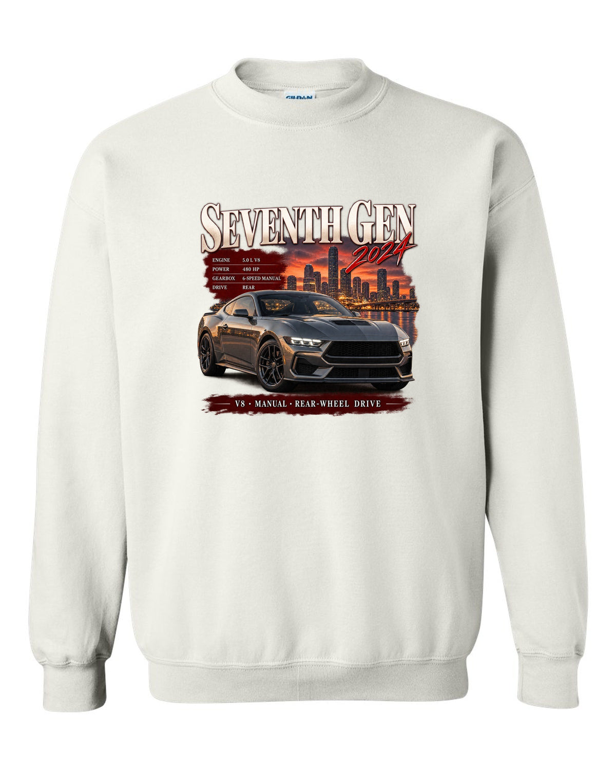 Ford Mustang S650 GT archive panel print reading Seventh Gen 2024 white crewneck front view with the design
