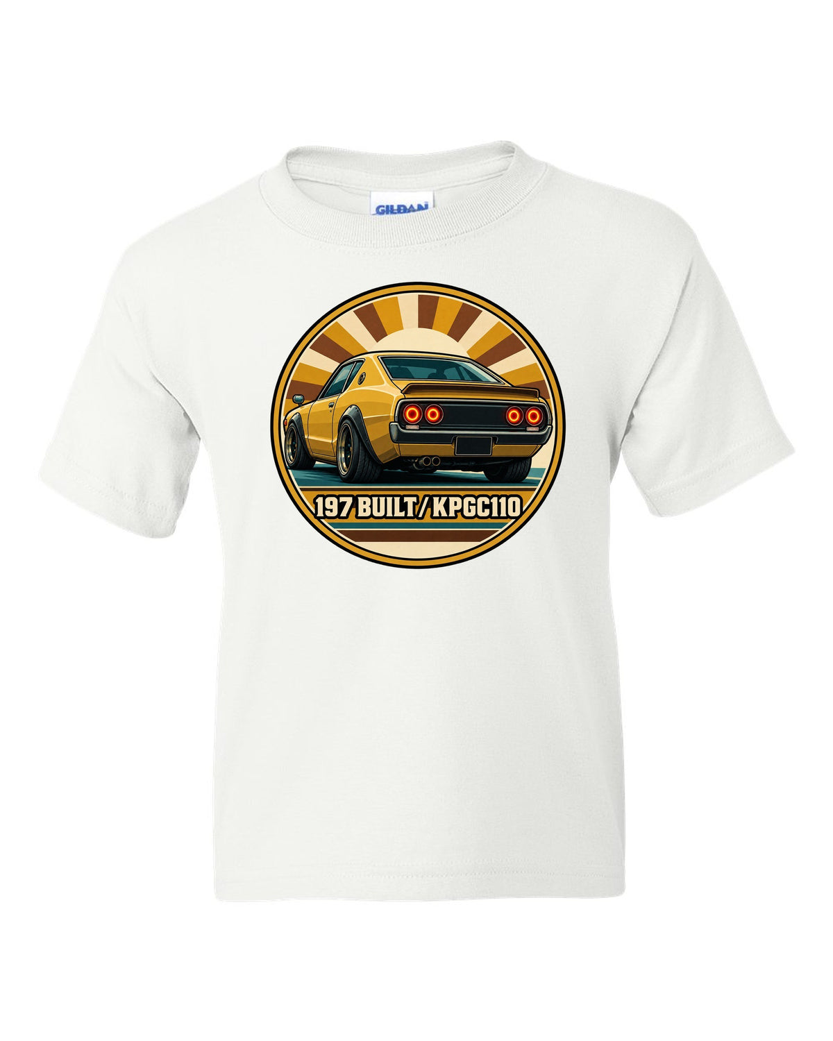 Round crest print for the Skyline Kenmeri KPGC110 with 197 Built lettering white kids tee front view with the design