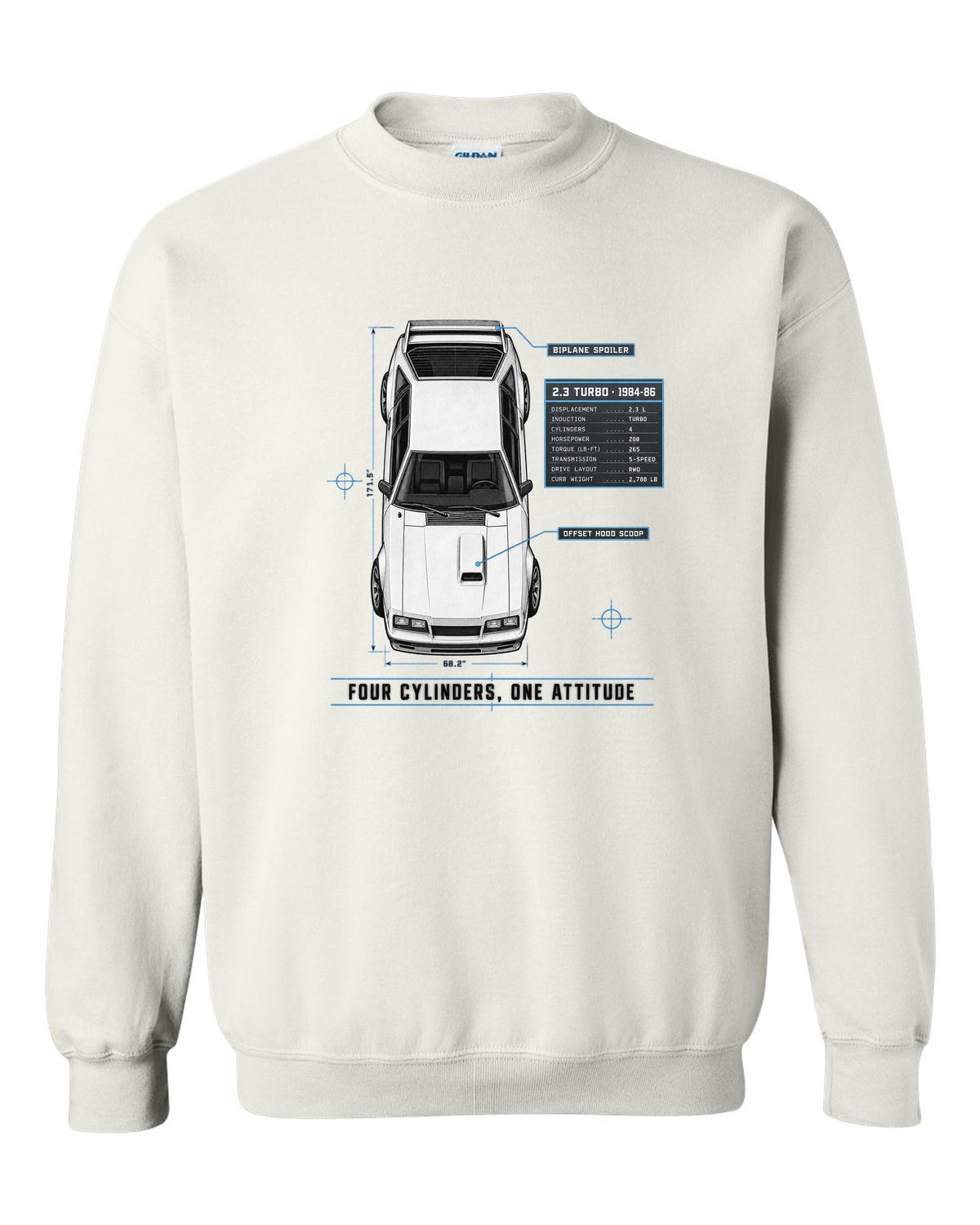 Spec poster print of a 1984-86 Fox Body Mustang 2.3 turbo chback white crewneck front view with the design