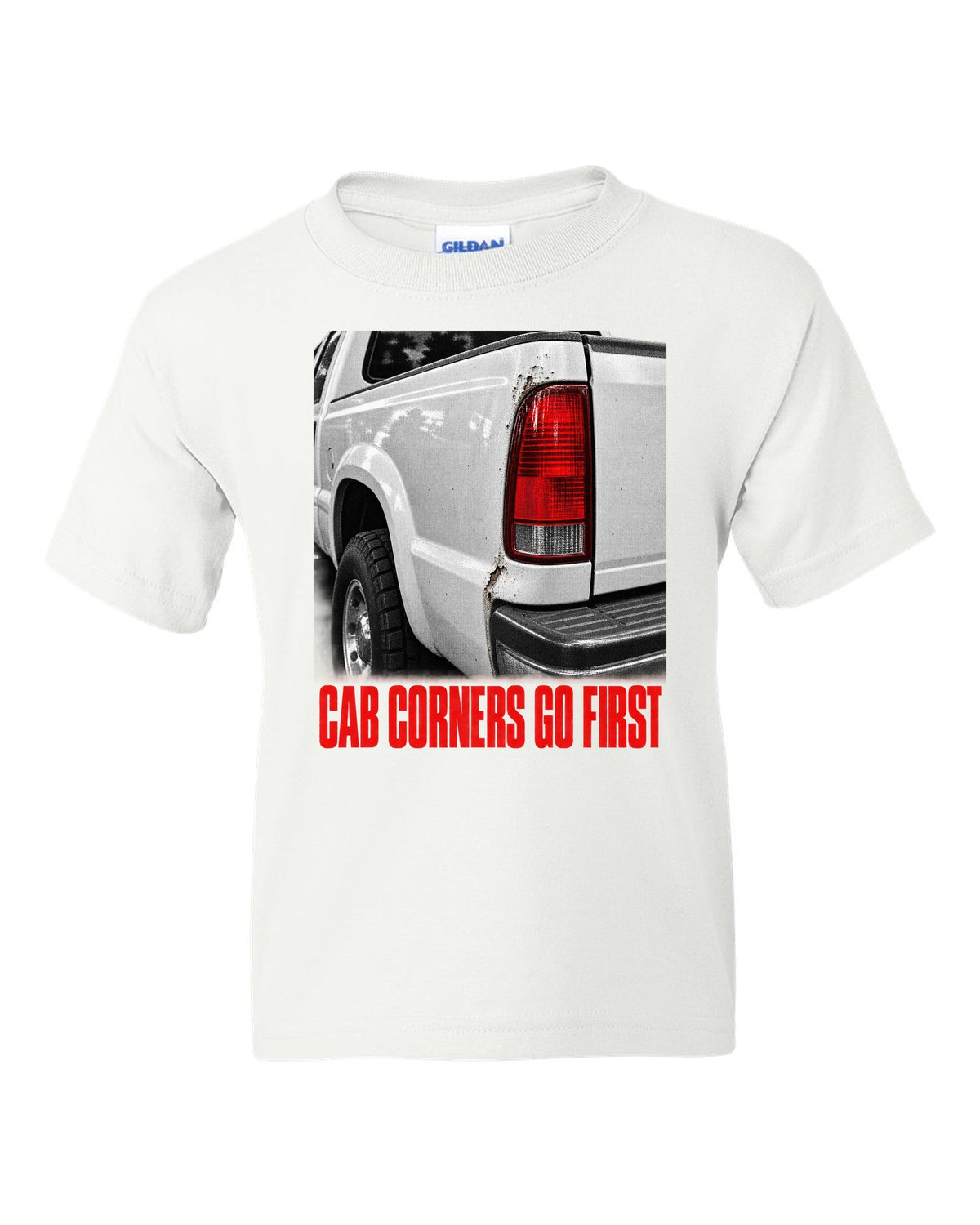 NBS Silverado taillight detail with cab corner rust, print white kids tee front view with the design