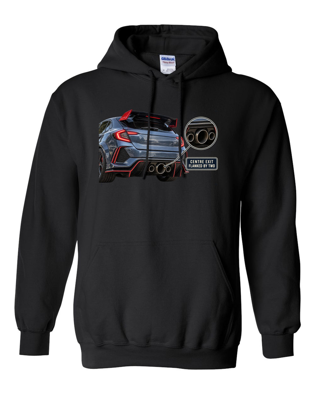 print rear close-up of a Honda Civic Type R FK8 with triple exhaust outlets black pull over hoodie front view with the design
